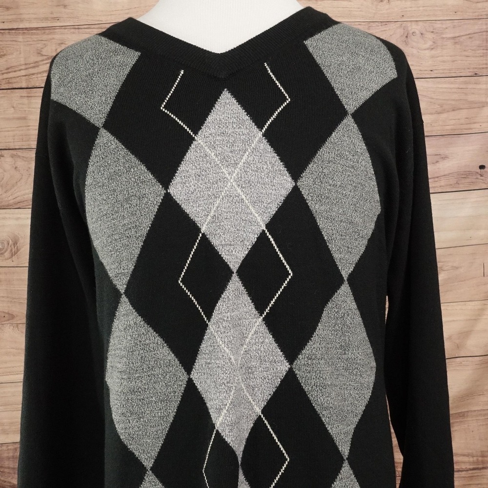 Harbor Bay Sweater Mens 3XL Black V Neck Argyle Diamond Knit Pullover Acrylic